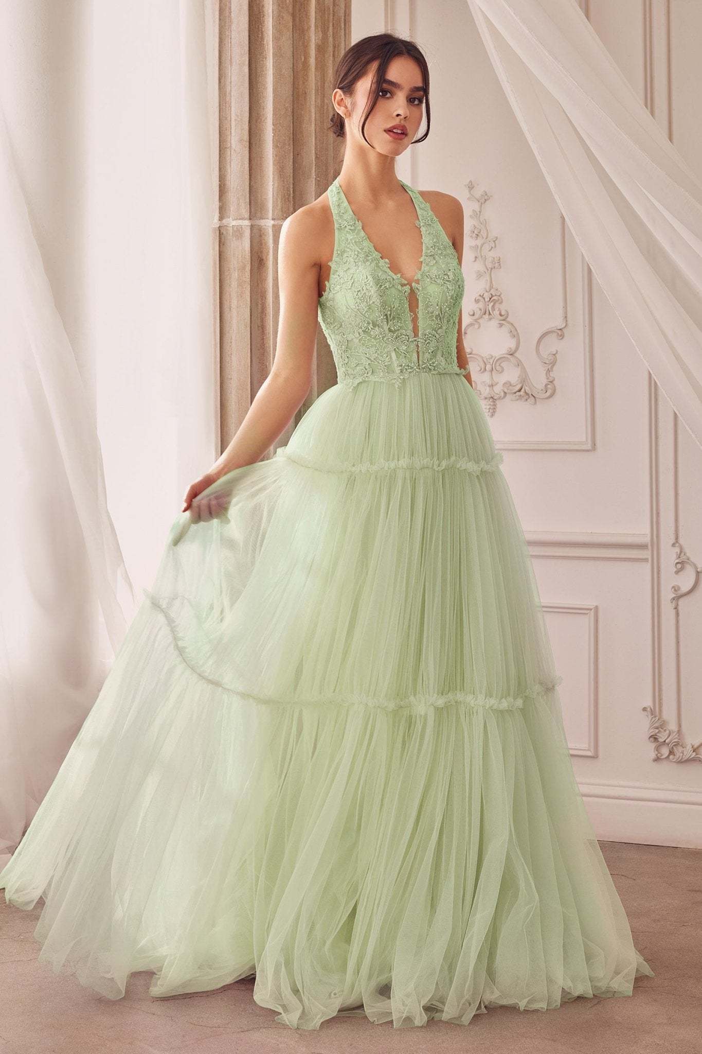 Romantic Garden Lace Layered Halter Gown W Tier Skirt #A1206