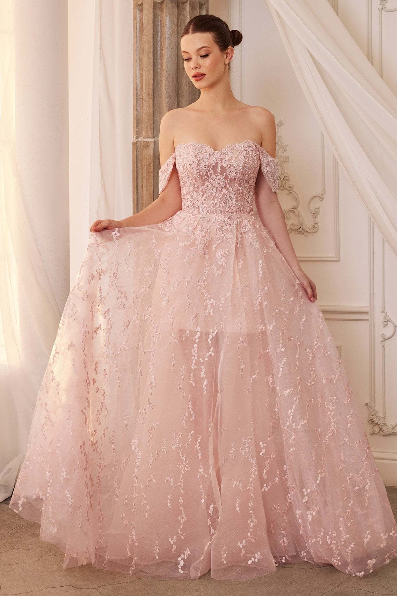 A-Line Off Shoulder Bouquet Lace Gown W Short Skirt #A1207