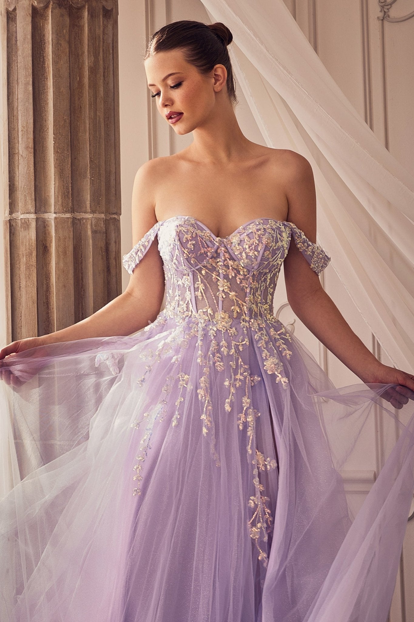 Elegance A-line Lit Sequin Applique Off Shoulder Gown #A1209