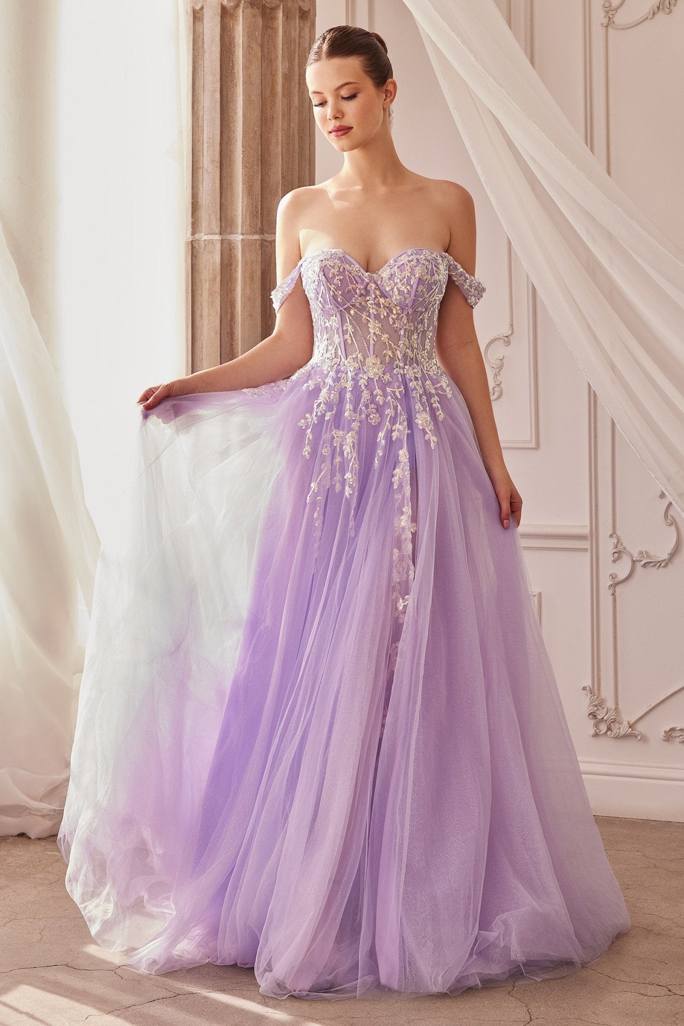 Elegance A-line Lit Sequin Applique Off Shoulder Gown #A1209