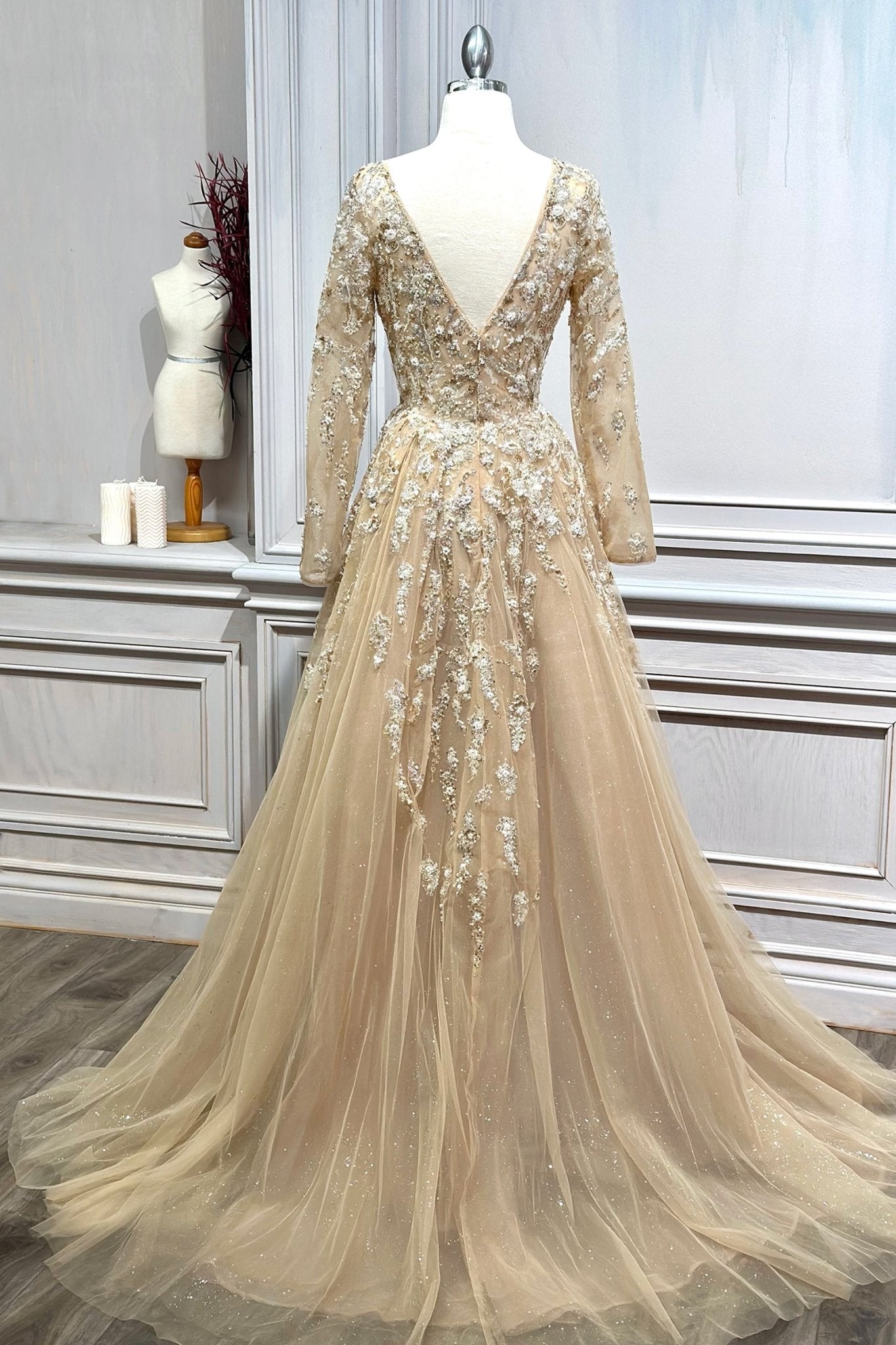 Stunning A-Line Beaded V-Neck Layered Tulle Long Sleeve Gown #A1215