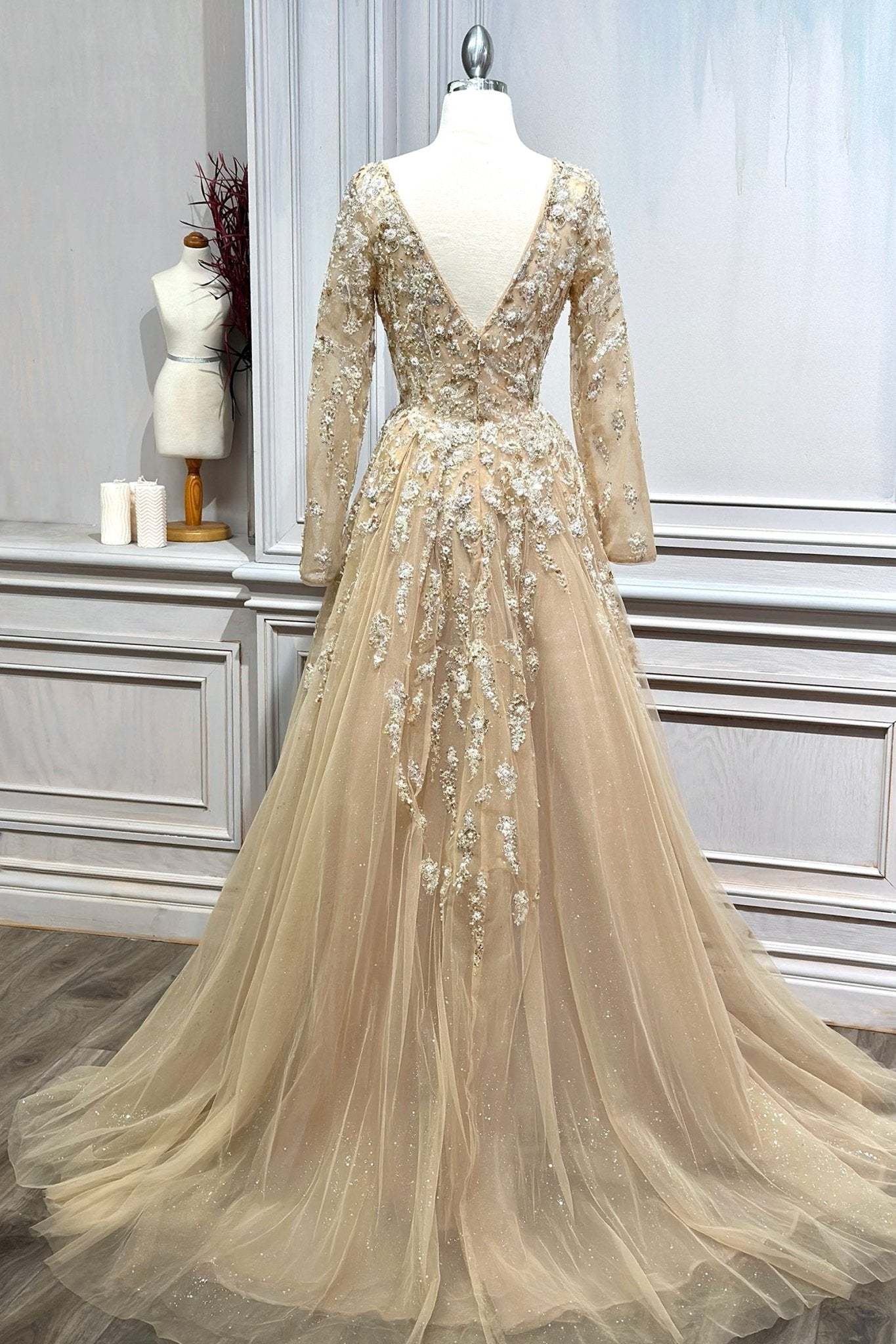 Stunning A-Line Beaded V-Neck Layered Tulle Long Sleeve Gown #A1215