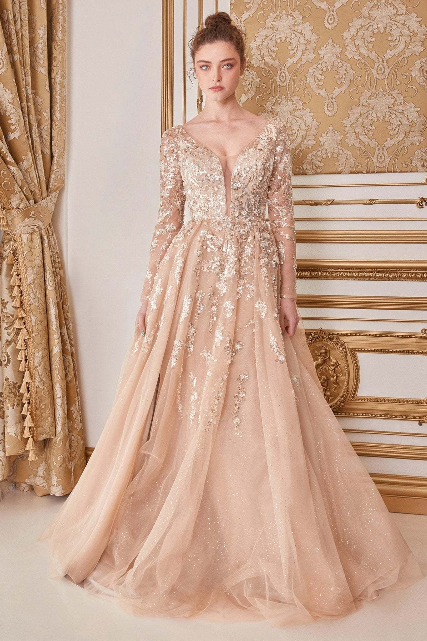 Stunning A-Line Beaded V-Neck Layered Tulle Long Sleeve Gown #A1215