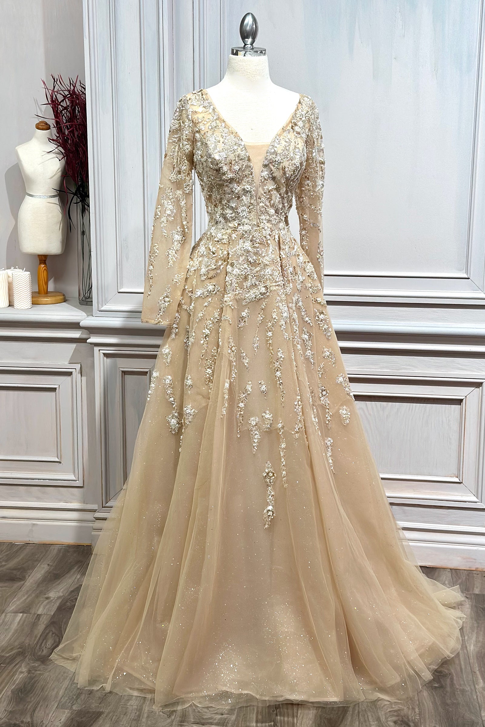 Stunning A-Line Beaded V-Neck Layered Tulle Long Sleeve Gown #A1215