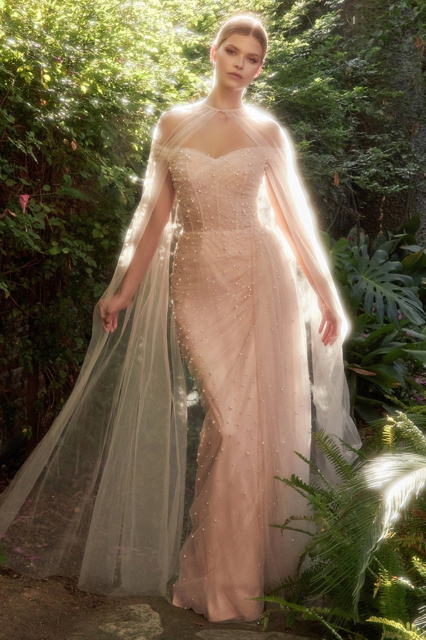 Breathtaking Fitted Off-The-Shoulder Pearl Pleated Tulle Gown #A1219