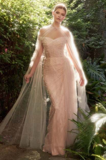 Breathtaking Fitted Off-The-Shoulder Pearl Pleated Tulle Gown #A1219