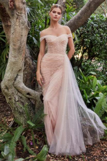 Breathtaking Fitted Off-The-Shoulder Pearl Pleated Tulle Gown #A1219