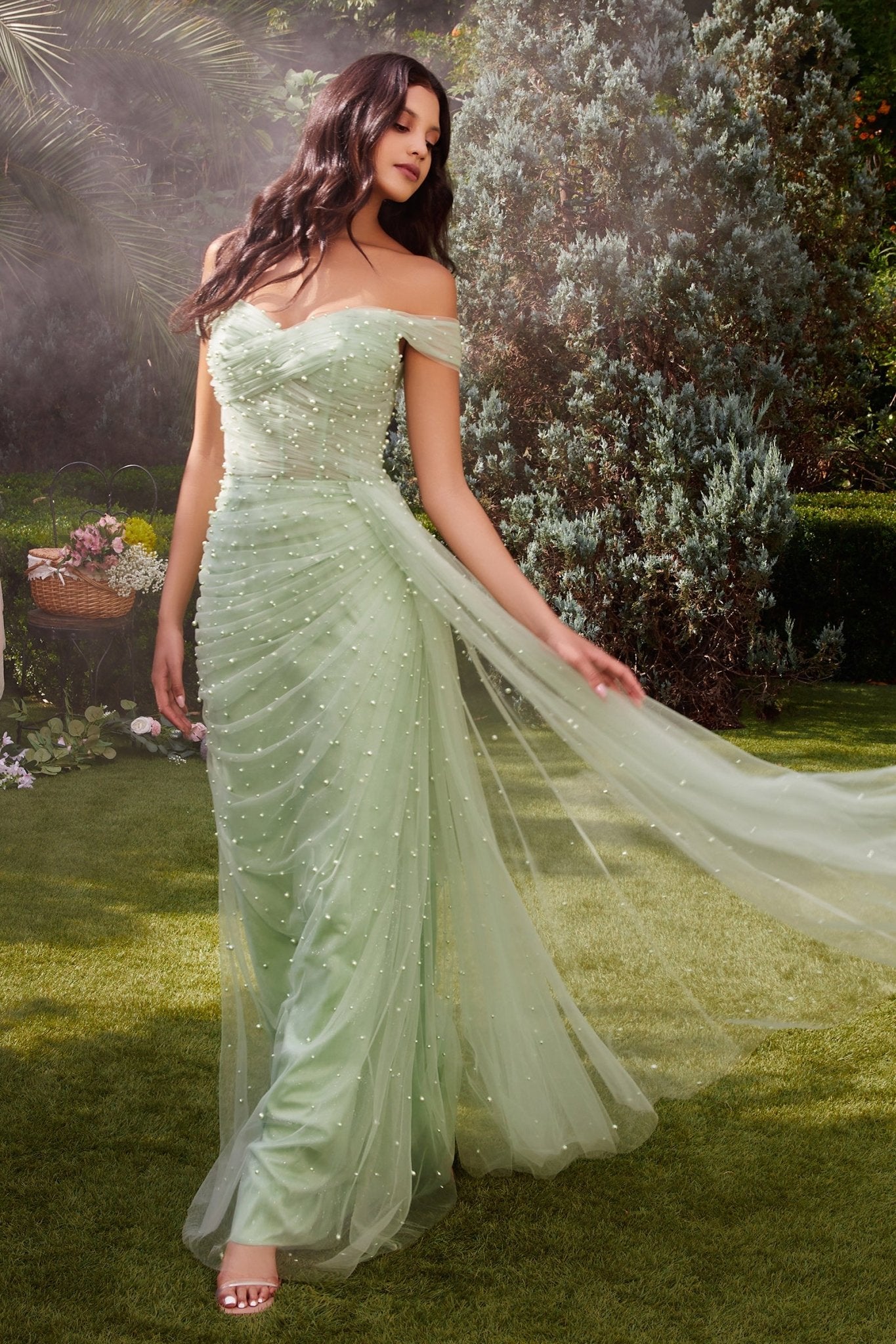 Breathtaking Fitted Off-The-Shoulder Pearl Pleated Tulle Gown #A1219