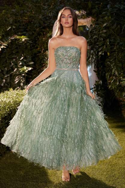 Elegance A-Line Beaded Straight Neck Strapless Tea-Length Gown #A1226