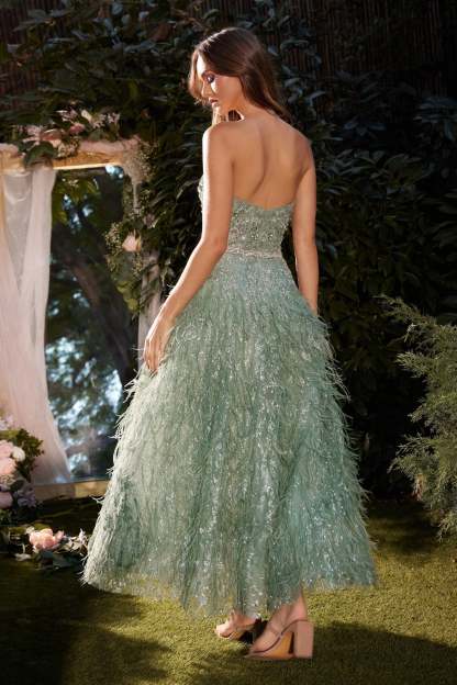 Elegance A-Line Beaded Straight Neck Strapless Tea-Length Gown #A1226