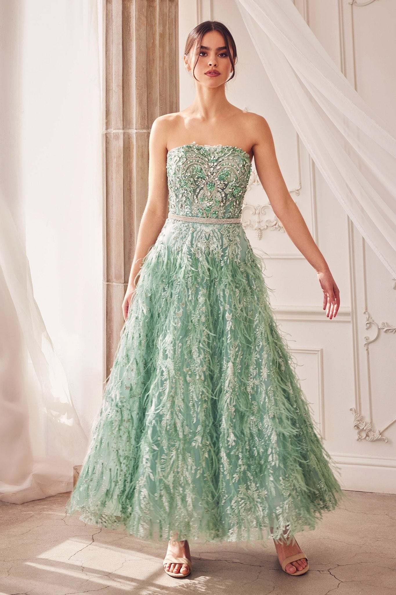 Elegance A-Line Beaded Straight Neck Strapless Tea-Length Gown #A1226