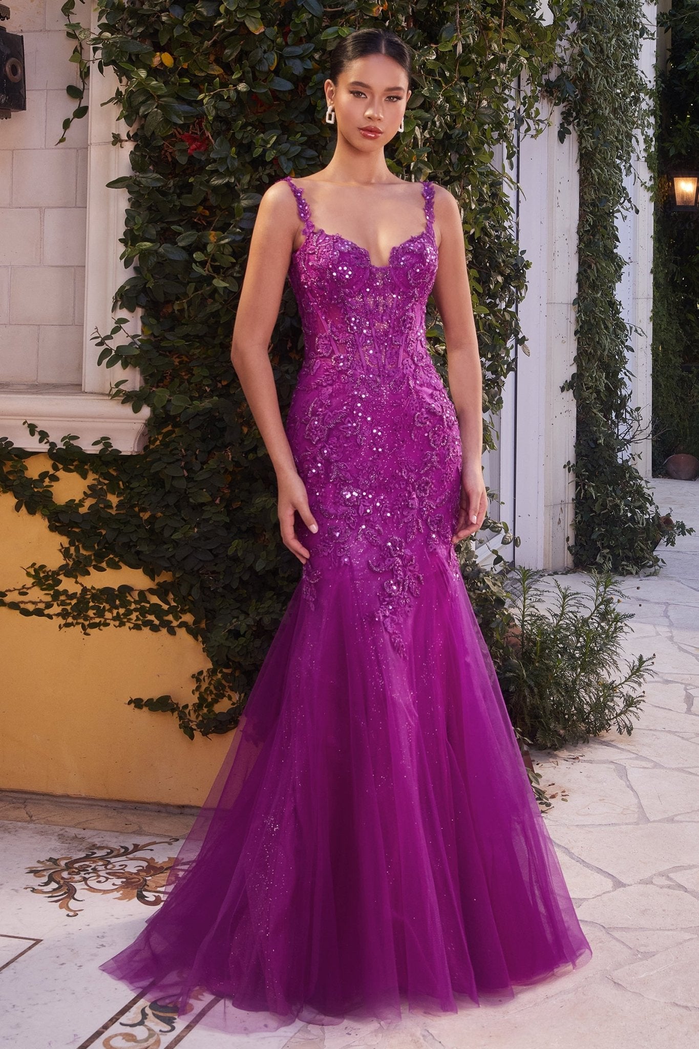 Romance Fitted Lace Appliques Straps Layered Tulle Mermaid Gown #A1231