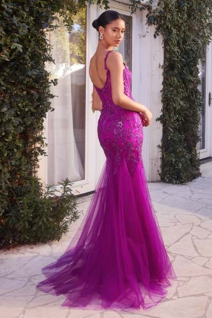 Romance Fitted Lace Appliques Straps Layered Tulle Mermaid Gown #A1231
