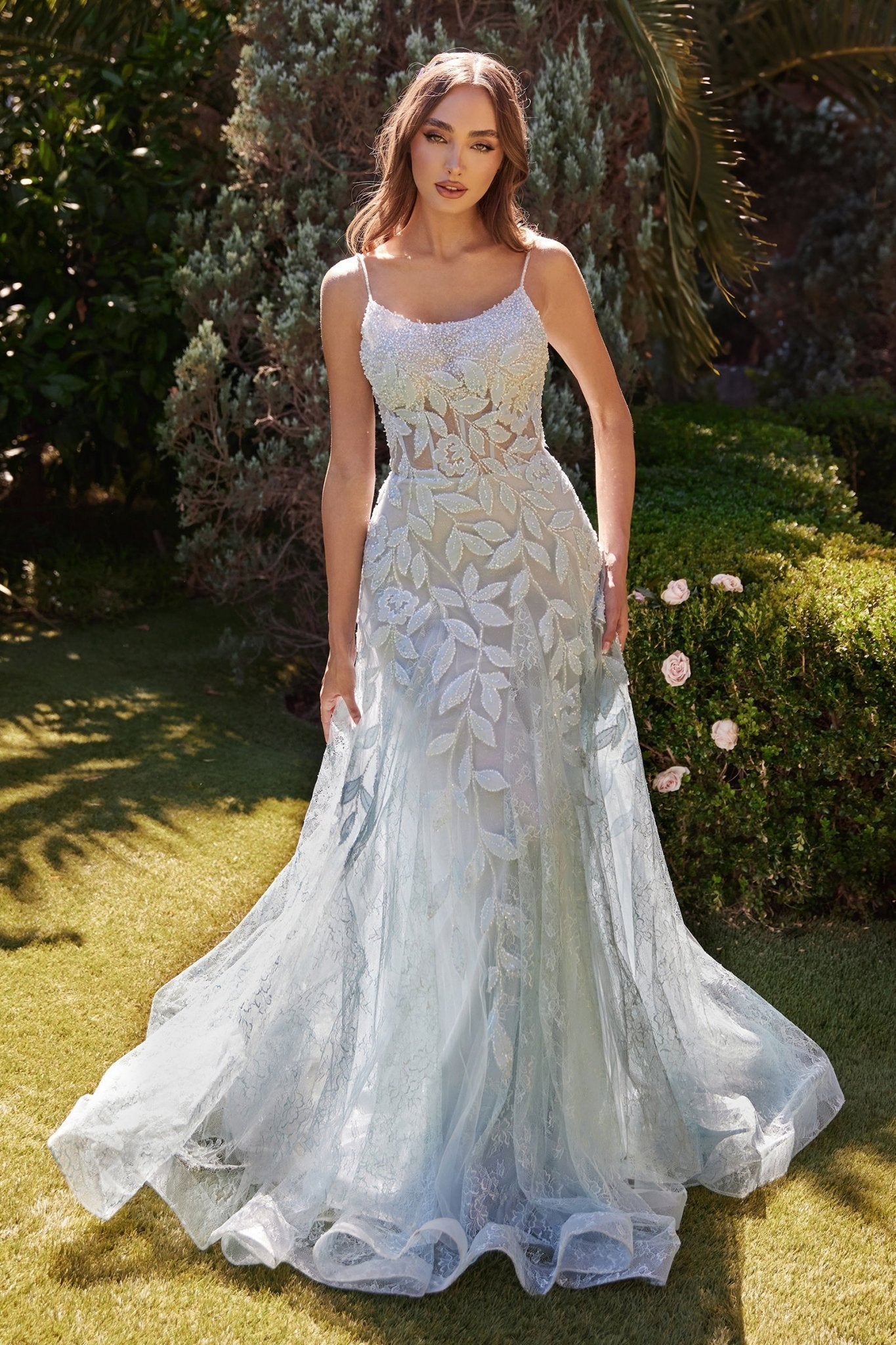 Enchanting A-Line Scoop Thin Straps Beaded Leaf Motif Gown #A1235