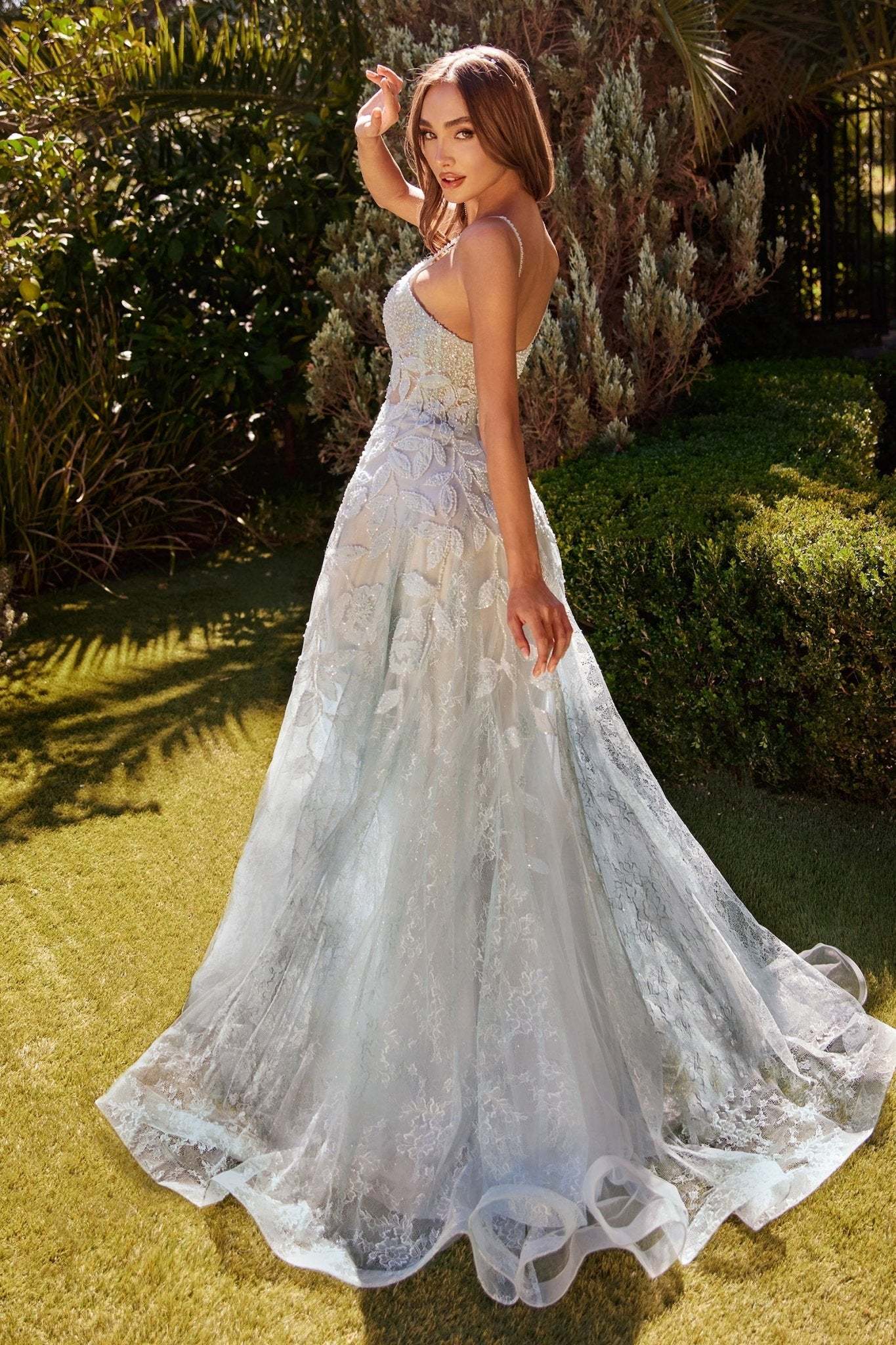Enchanting A-Line Scoop Thin Straps Beaded Leaf Motif Gown #A1235