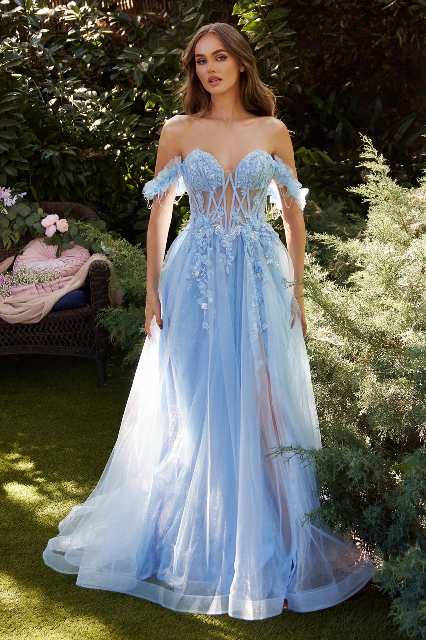 A-Line Strapless Off-The-Shoulder Straps Lace Appliques Gown #A1237