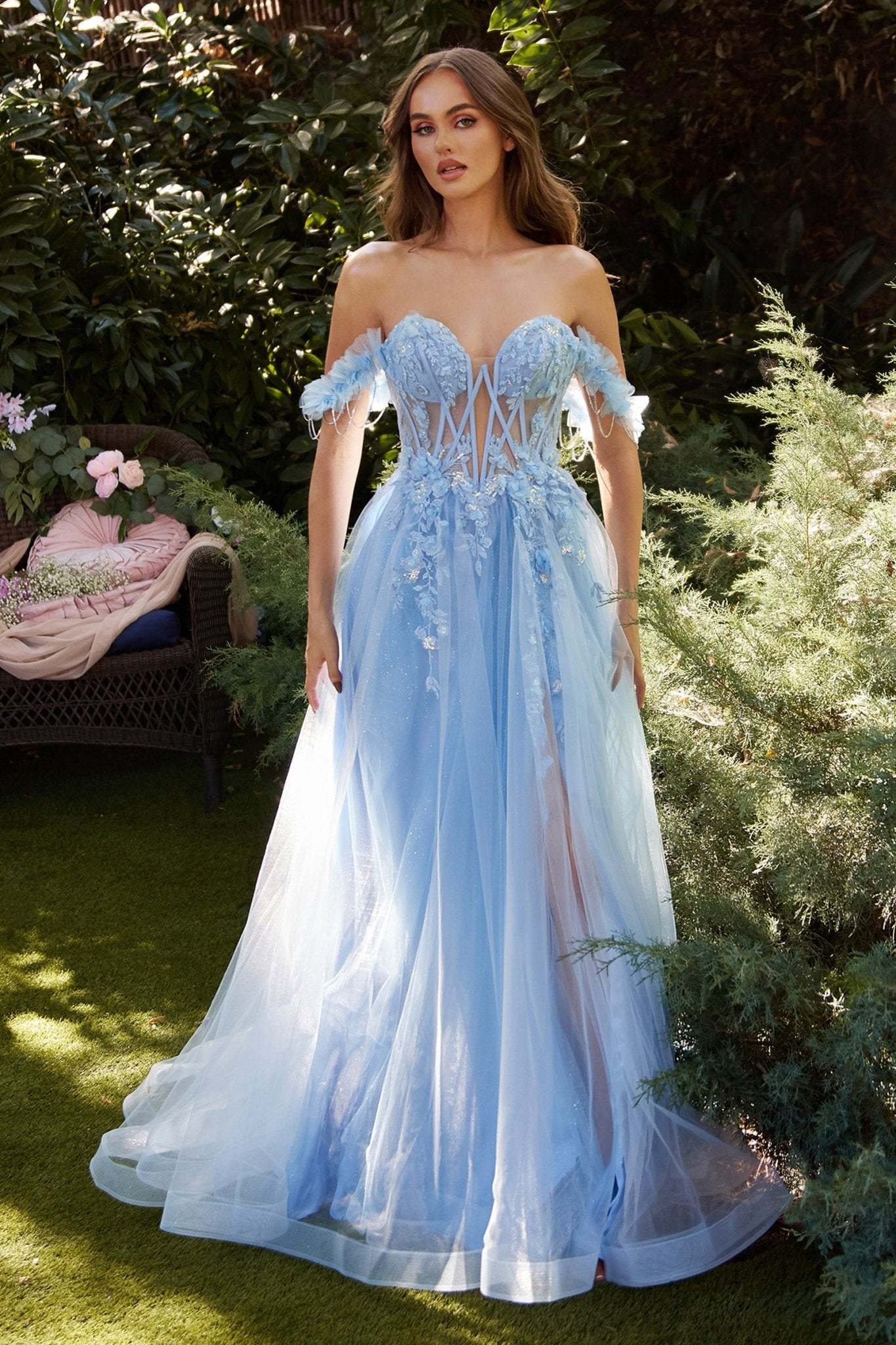 A-Line Strapless Off-The-Shoulder Straps Lace Appliques Gown #A1237