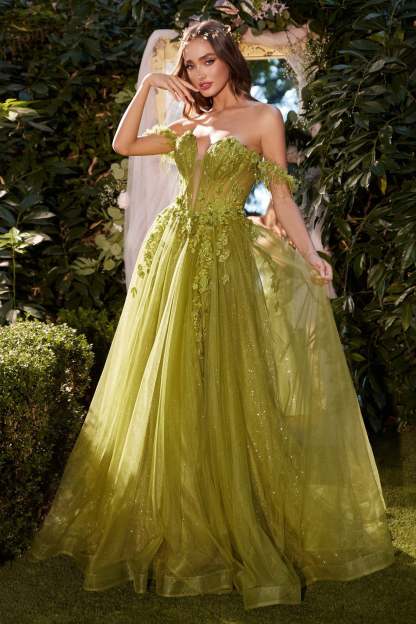 A-Line Strapless Off-The-Shoulder Straps Lace Appliques Gown #A1237