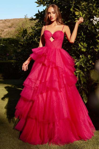 Romance Fitted Thin Straps Keyhole Bodice Rhinestone Tiered Ruffle Gown #A1238