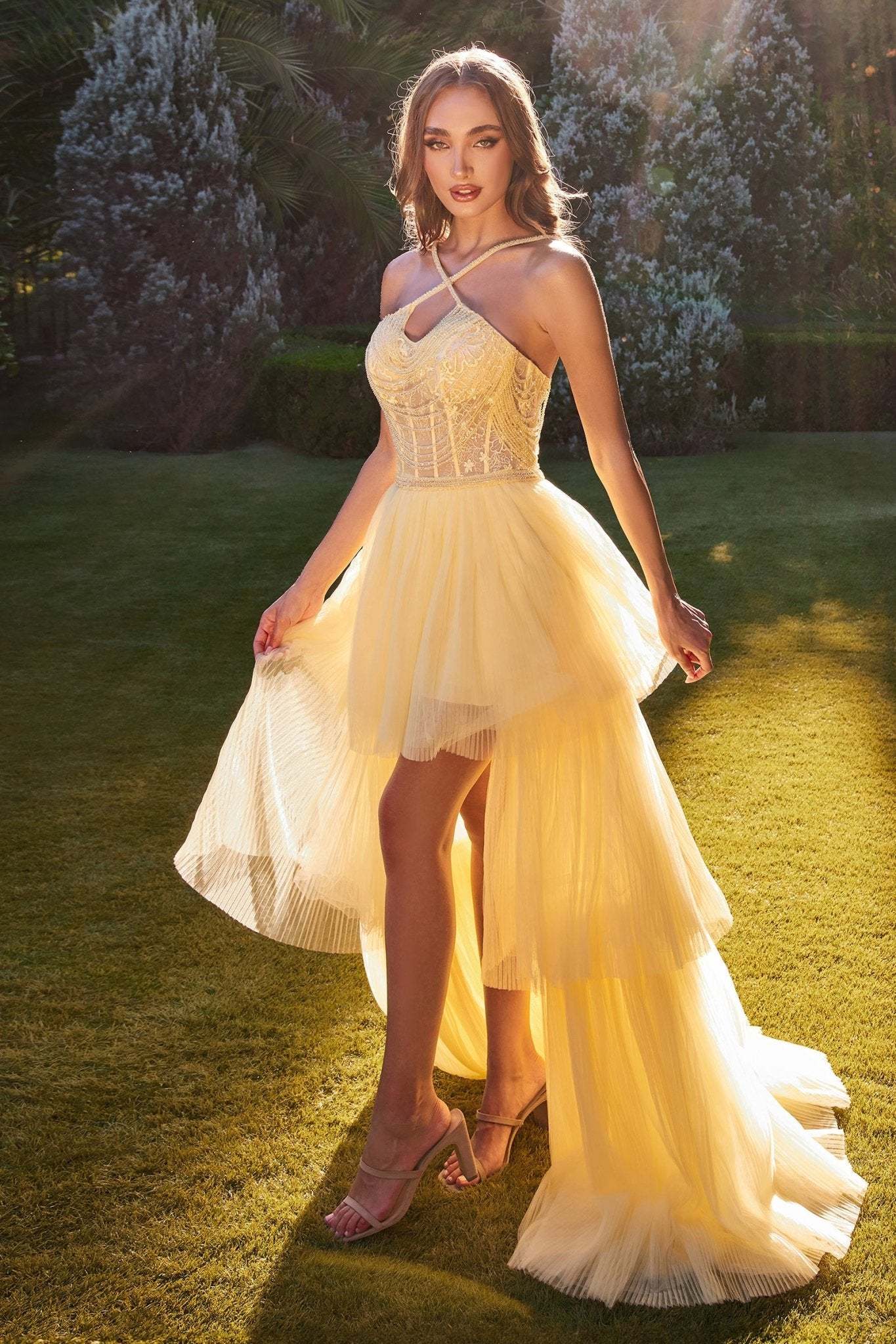 Elegance Beaded Lace Halter Neck High-Low Tiered Ruffle Gown #A1239