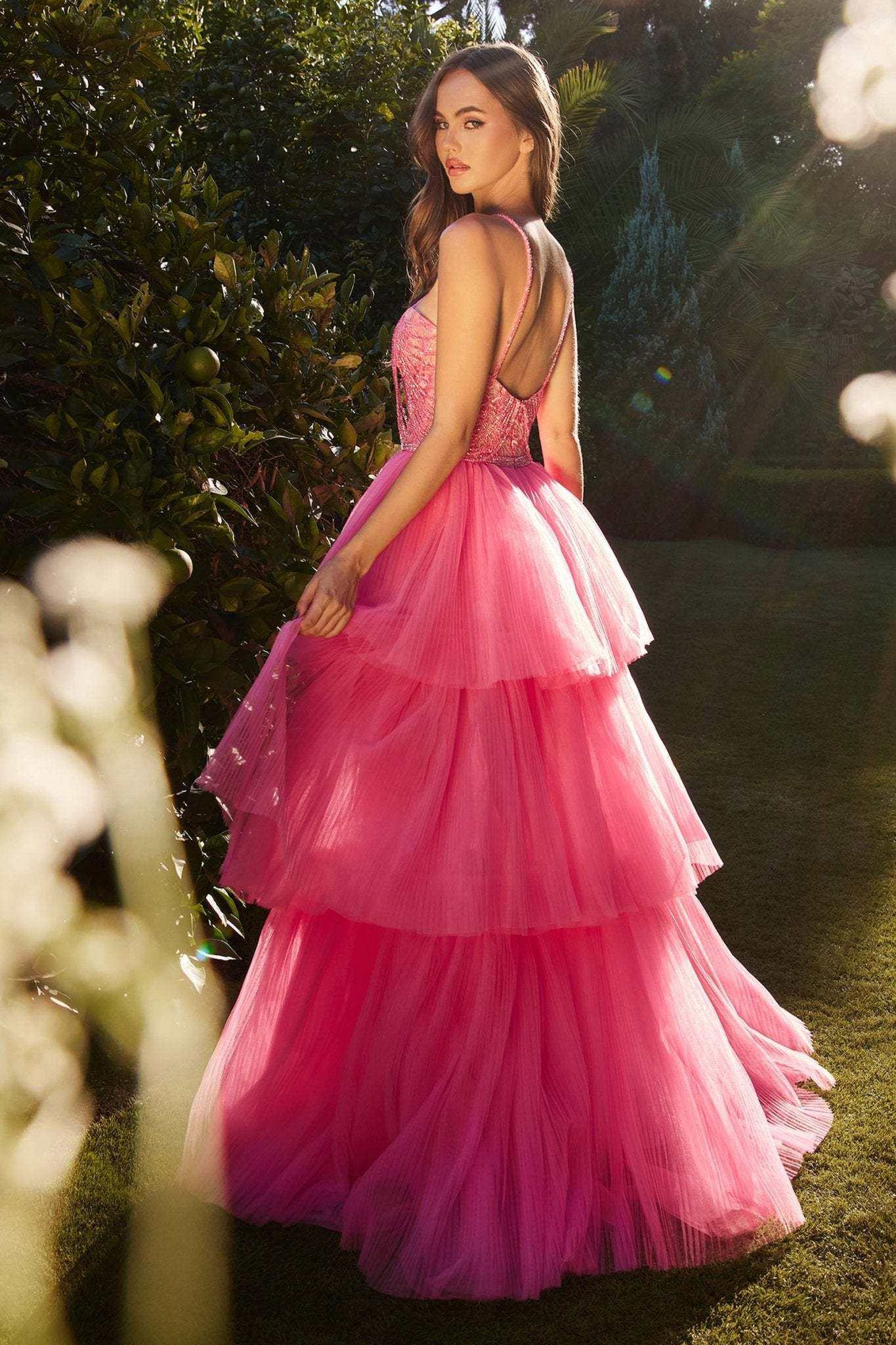 Elegance Beaded Lace Halter Neck High-Low Tiered Ruffle Gown #A1239