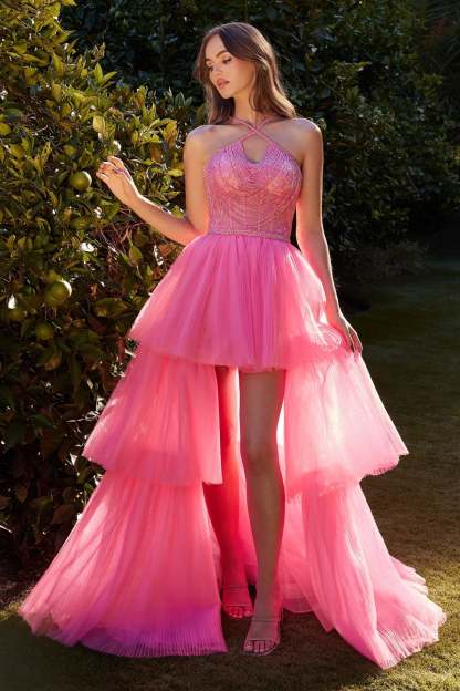 Elegance Beaded Lace Halter Neck High-Low Tiered Ruffle Gown #A1239