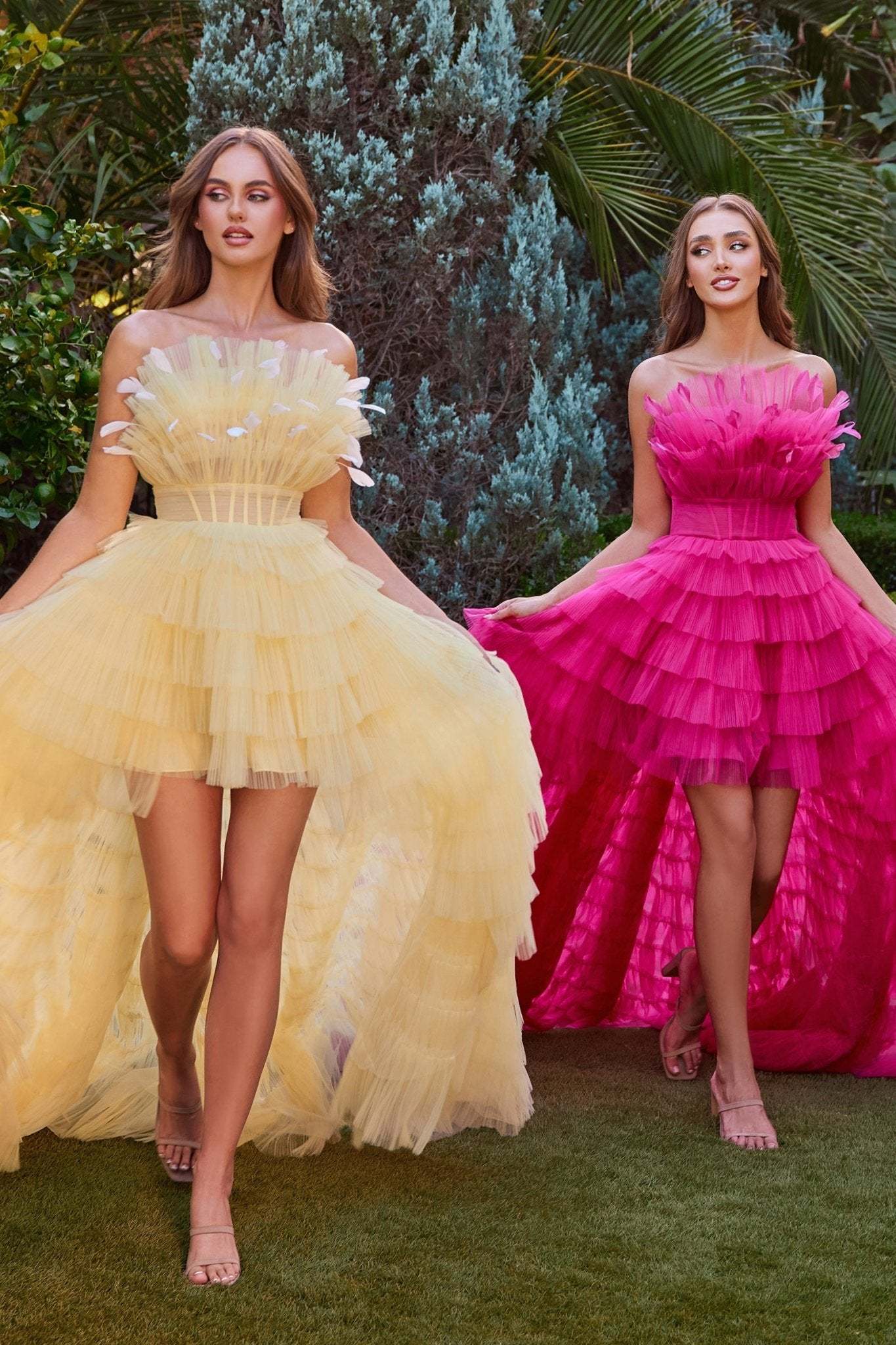 High-Low Tiered Ruffle Faux Feathers Garden Party Gown #A1240