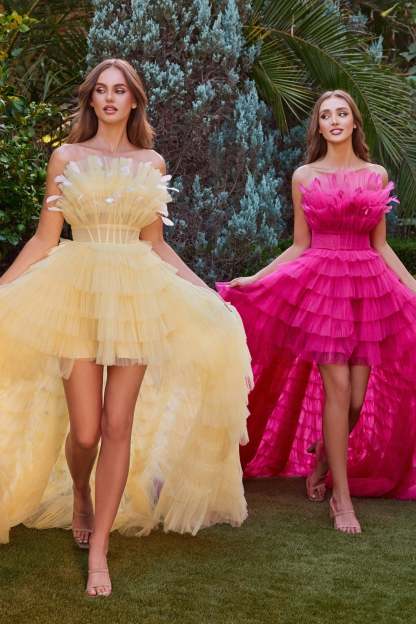 High-Low Tiered Ruffle Faux Feathers Garden Party Gown #A1240