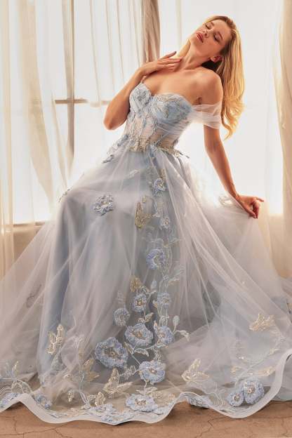A-Line Off-The-Shoulder Floral Butterfly Appliques Gown #A1246