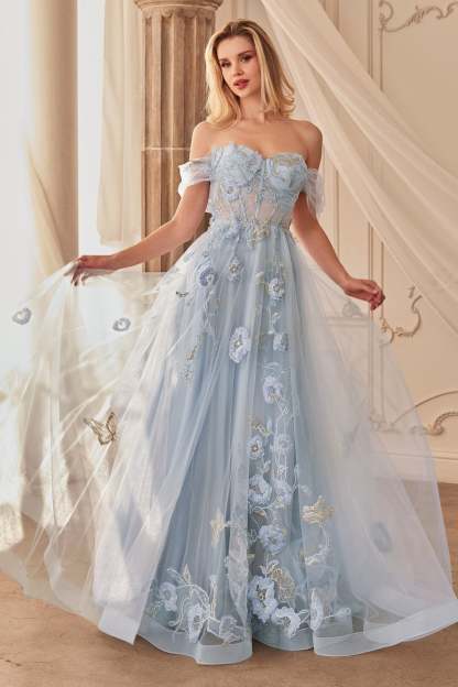 A-Line Off-The-Shoulder Floral Butterfly Appliques Gown #A1246