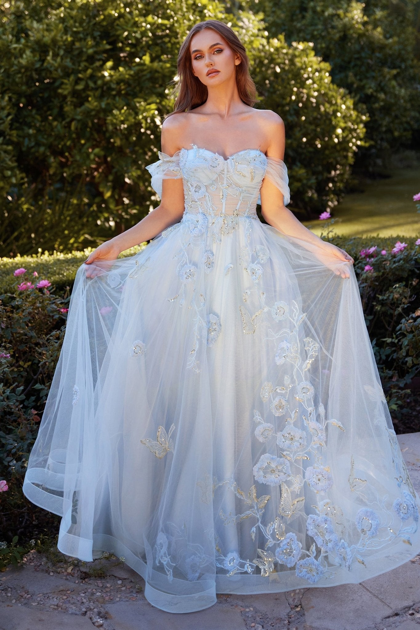 A-Line Off-The-Shoulder Floral Butterfly Appliques Gown #A1246
