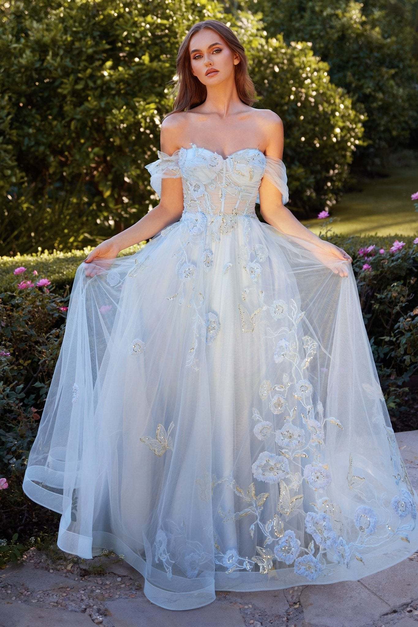 A-Line Off-The-Shoulder Floral Butterfly Appliques Gown #A1246