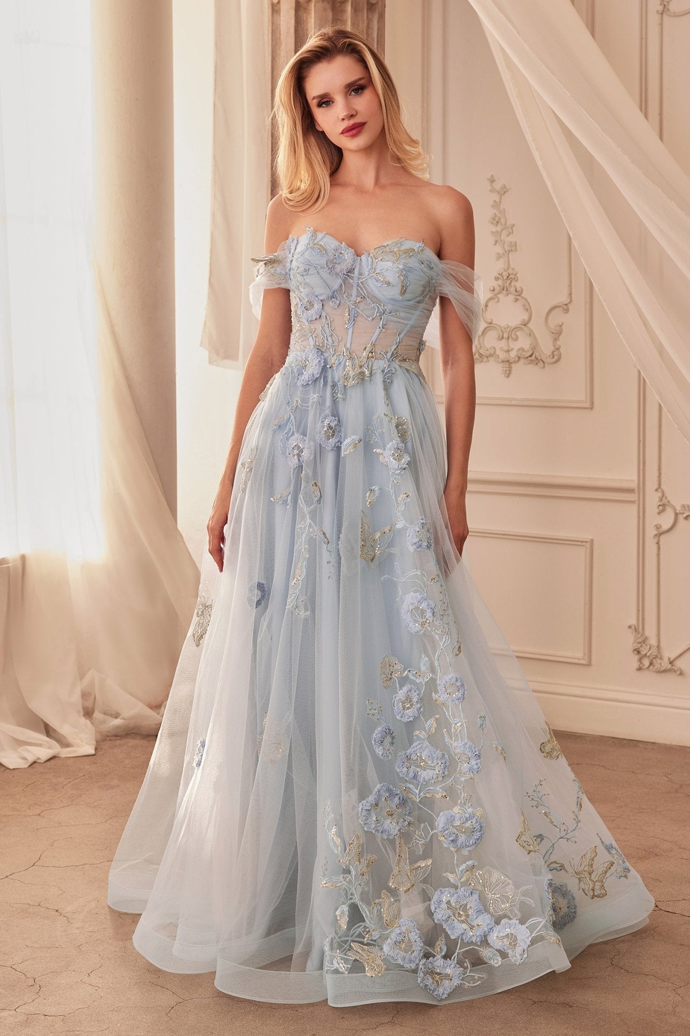 A-Line Off-The-Shoulder Floral Butterfly Appliques Gown #A1246