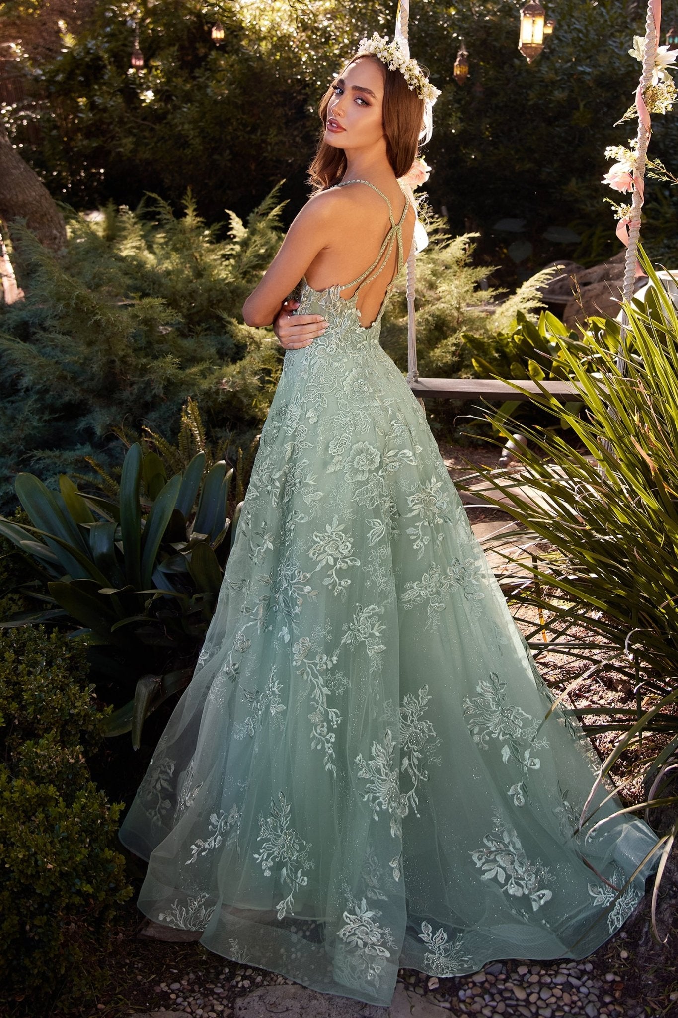 Romance A-Line Scoop Thin Straps Lace Appliques Gown #A1248