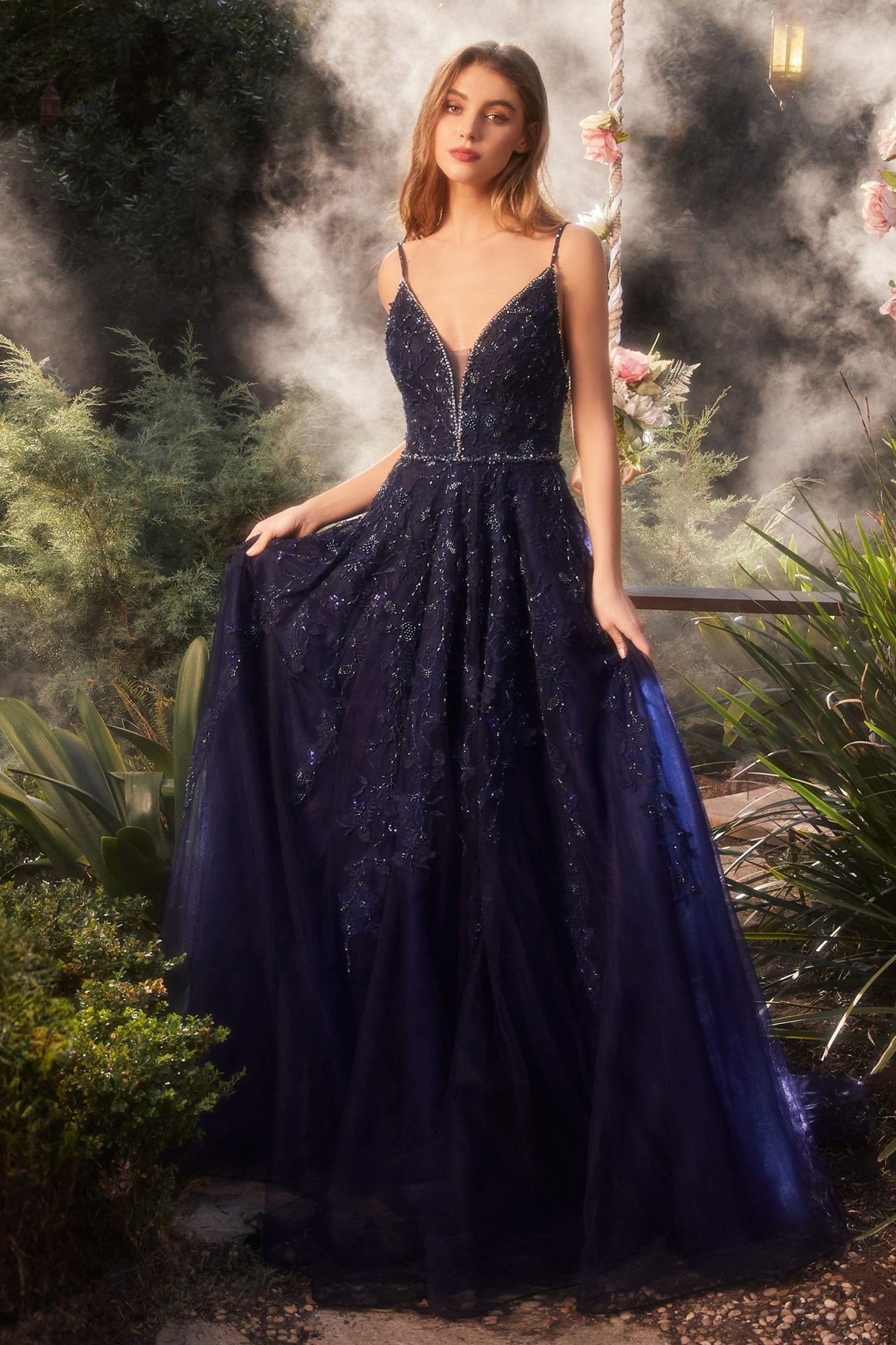 A-Line Plunging V-Neck Straps Crystal Bead Navy Gown #A1251