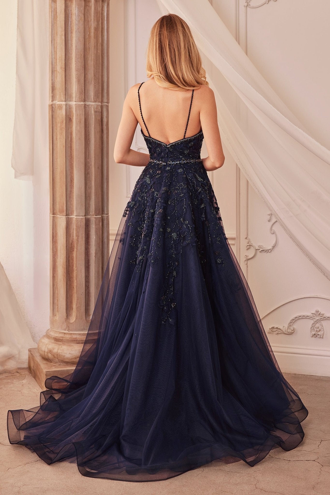 A-Line Plunging V-Neck Straps Crystal Bead Navy Gown #A1251