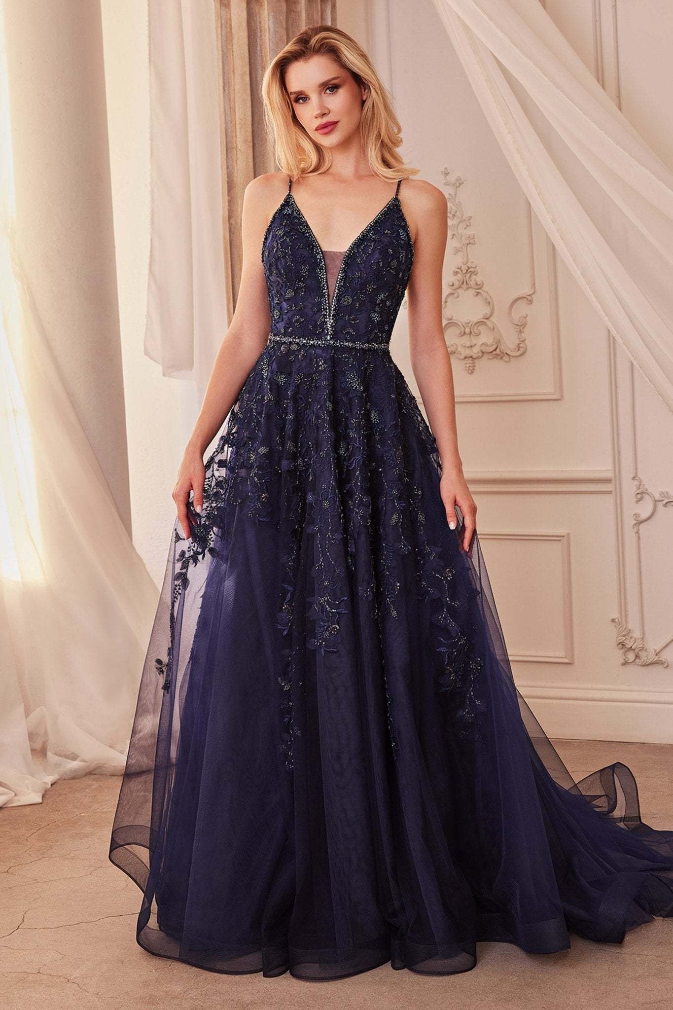 A-Line Plunging V-Neck Straps Crystal Bead Navy Gown #A1251