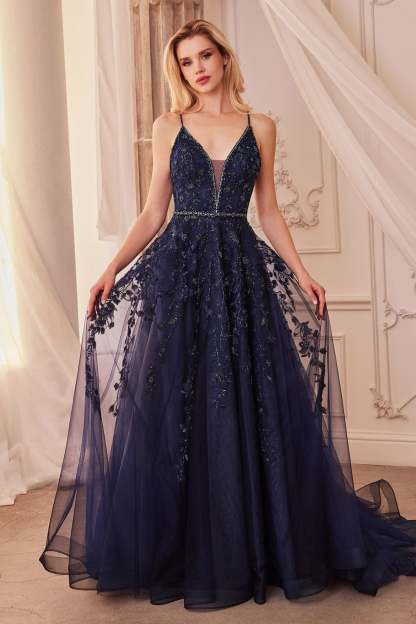 A-Line Plunging V-Neck Straps Crystal Bead Navy Gown #A1251