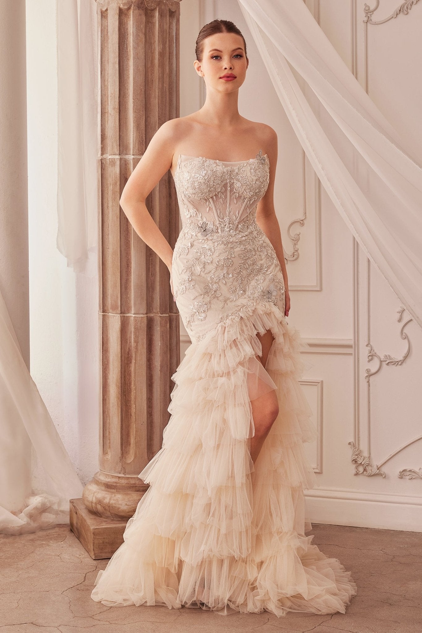 Fitted Strapless Lace-Embellished Appliques Mermaid Gown #A1255