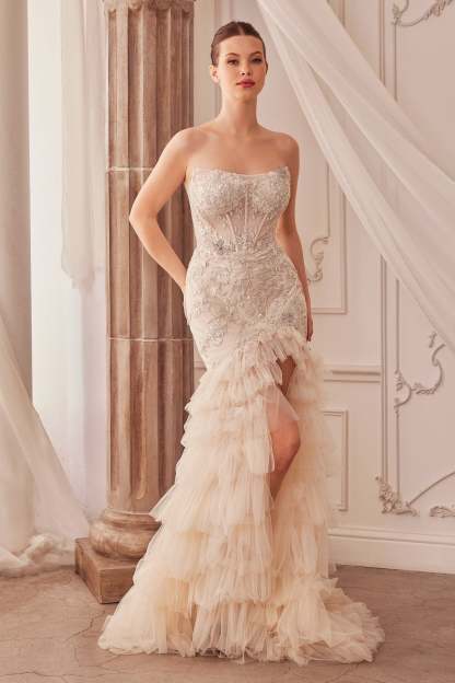 Fitted Strapless Lace-Embellished Appliques Mermaid Gown #A1255