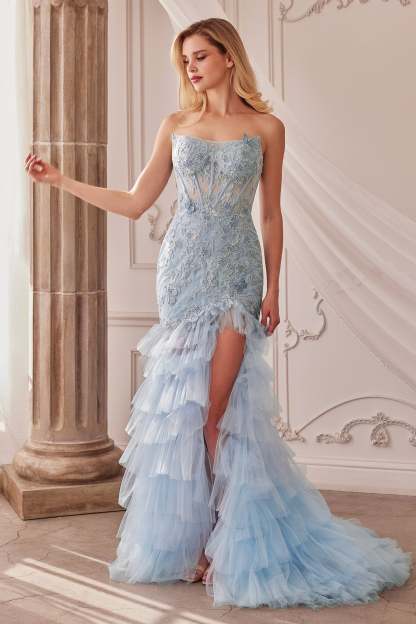 Fitted Strapless Lace-Embellished Appliques Mermaid Gown #A1255