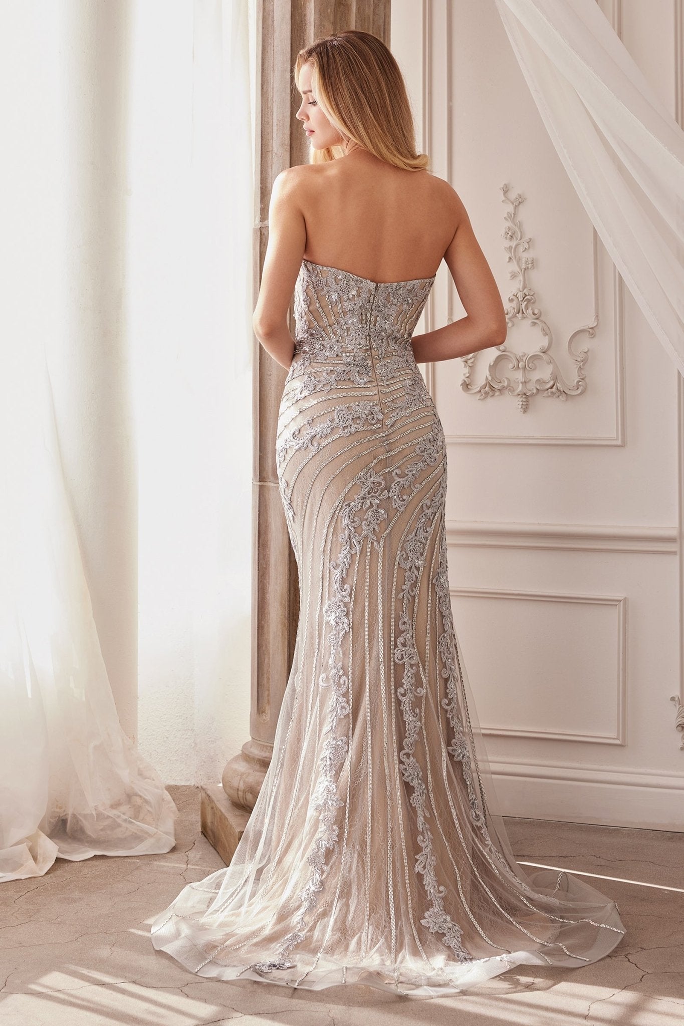 Romance Fitted Strapless Crystal Beading Lace Appliques Gown #A1256