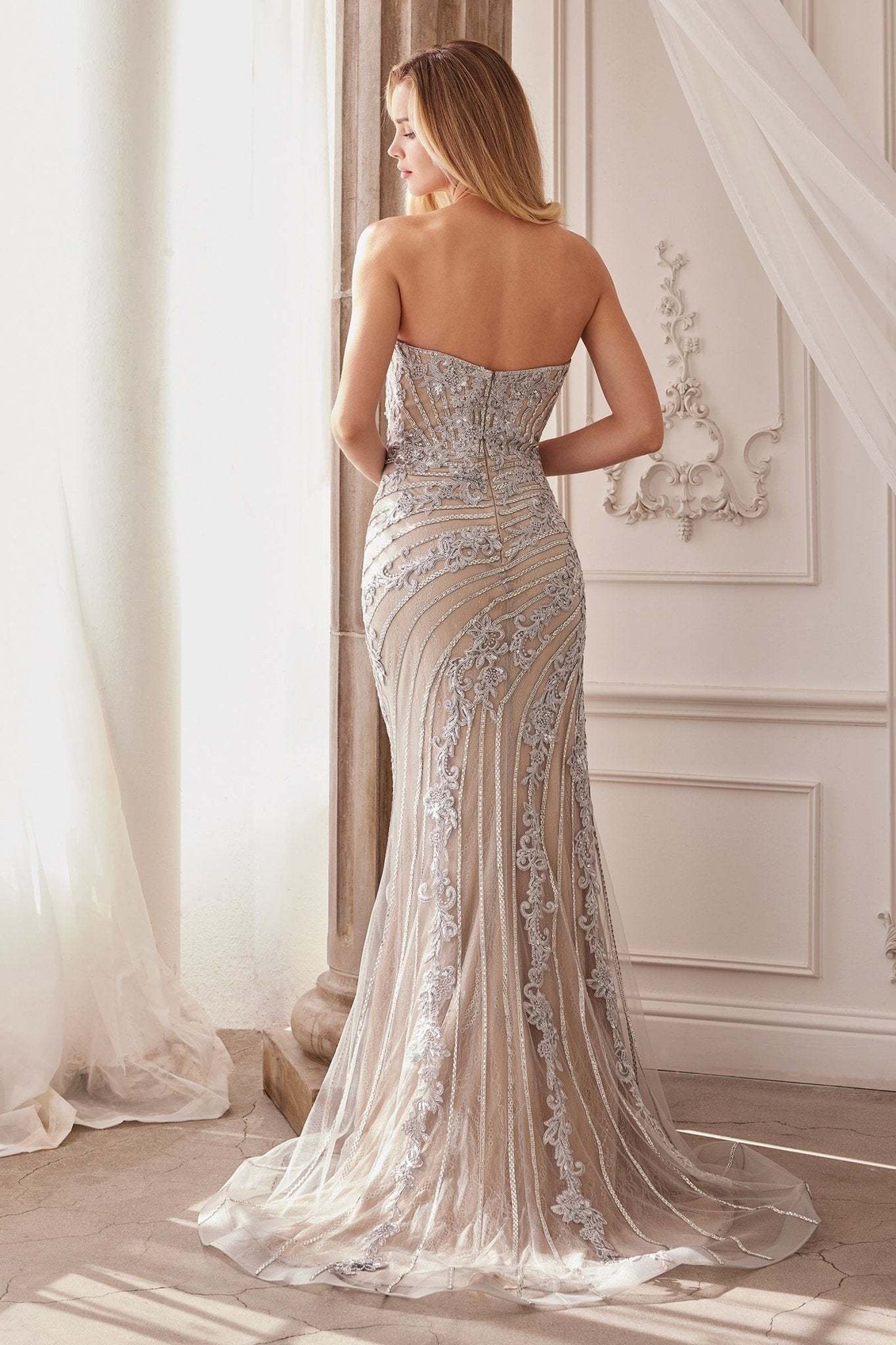 Romance Fitted Strapless Crystal Beading Lace Appliques Gown #A1256