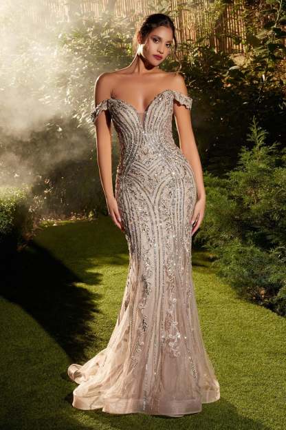 Breathtaking Fitted Off-The-Shoulder Linear Silver Crystal Beading Gown #A1257