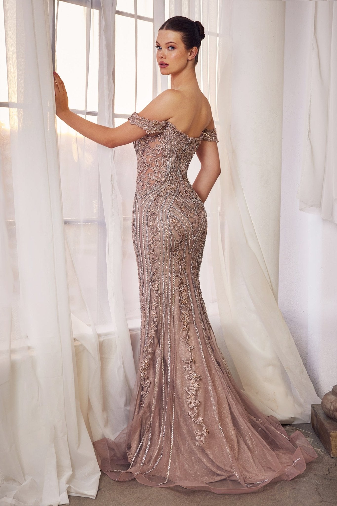 Breathtaking Fitted Off-The-Shoulder Linear Silver Crystal Beading Gown #A1257
