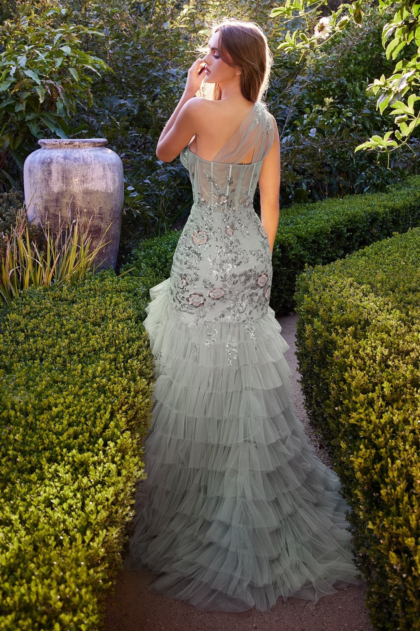 Romance One Shoulder Tulle Strap Sequined Floral Mermaid Gown #A1260