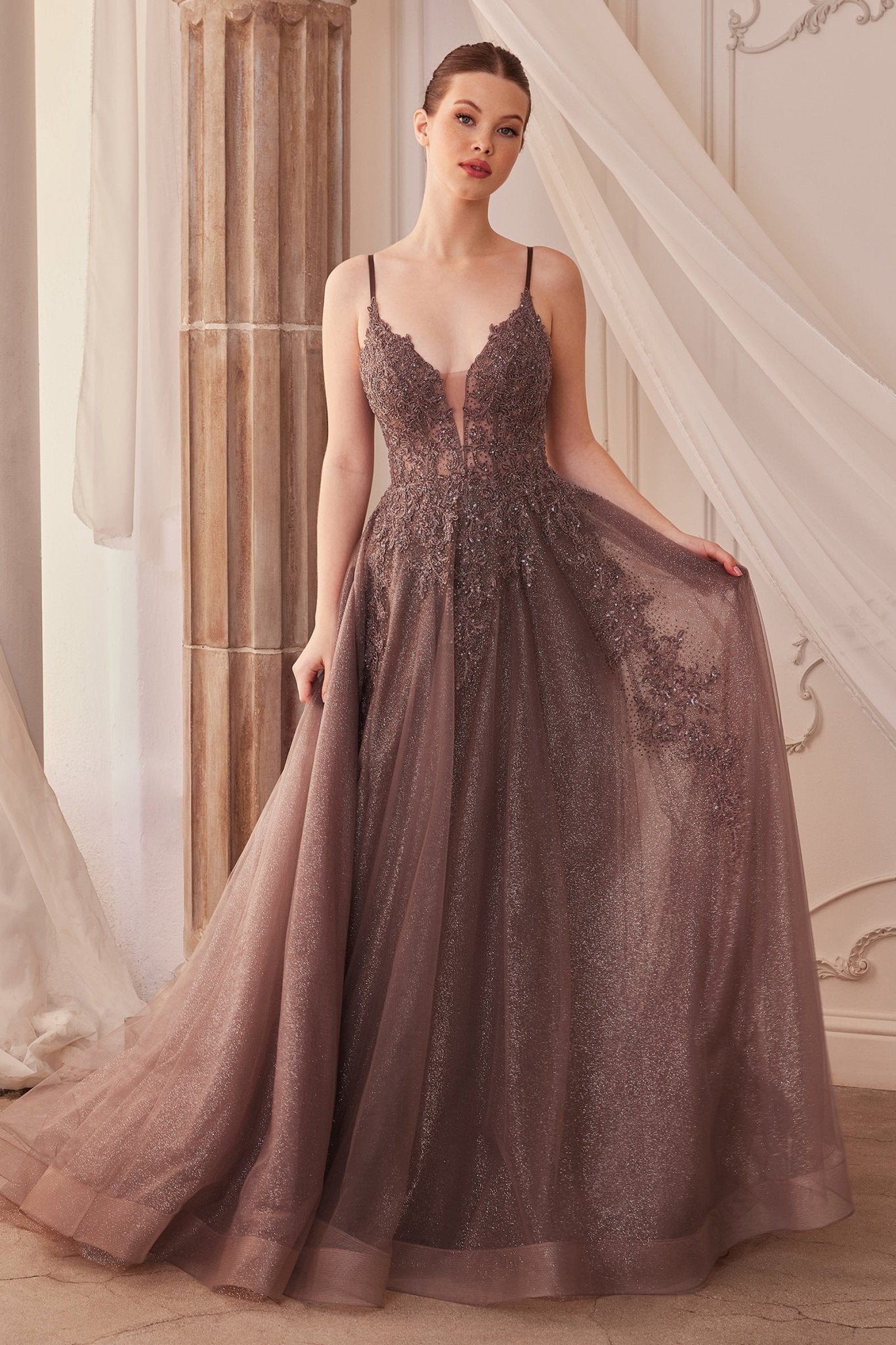 Enchanted Iridescent A-Line Plunging V-Neck Layered Glitter Tulle Gown #A1261