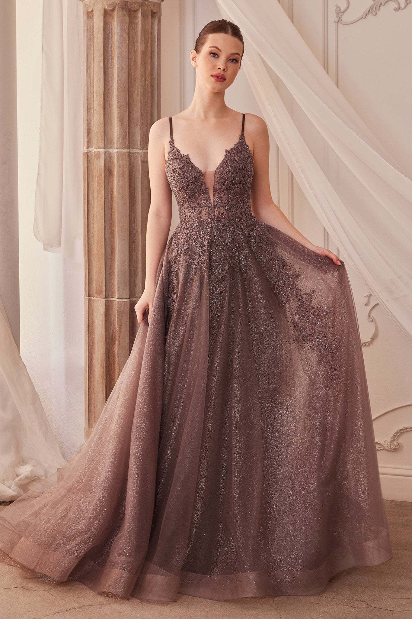 Enchanted Iridescent A-Line Plunging V-Neck Layered Glitter Tulle Gown #A1261