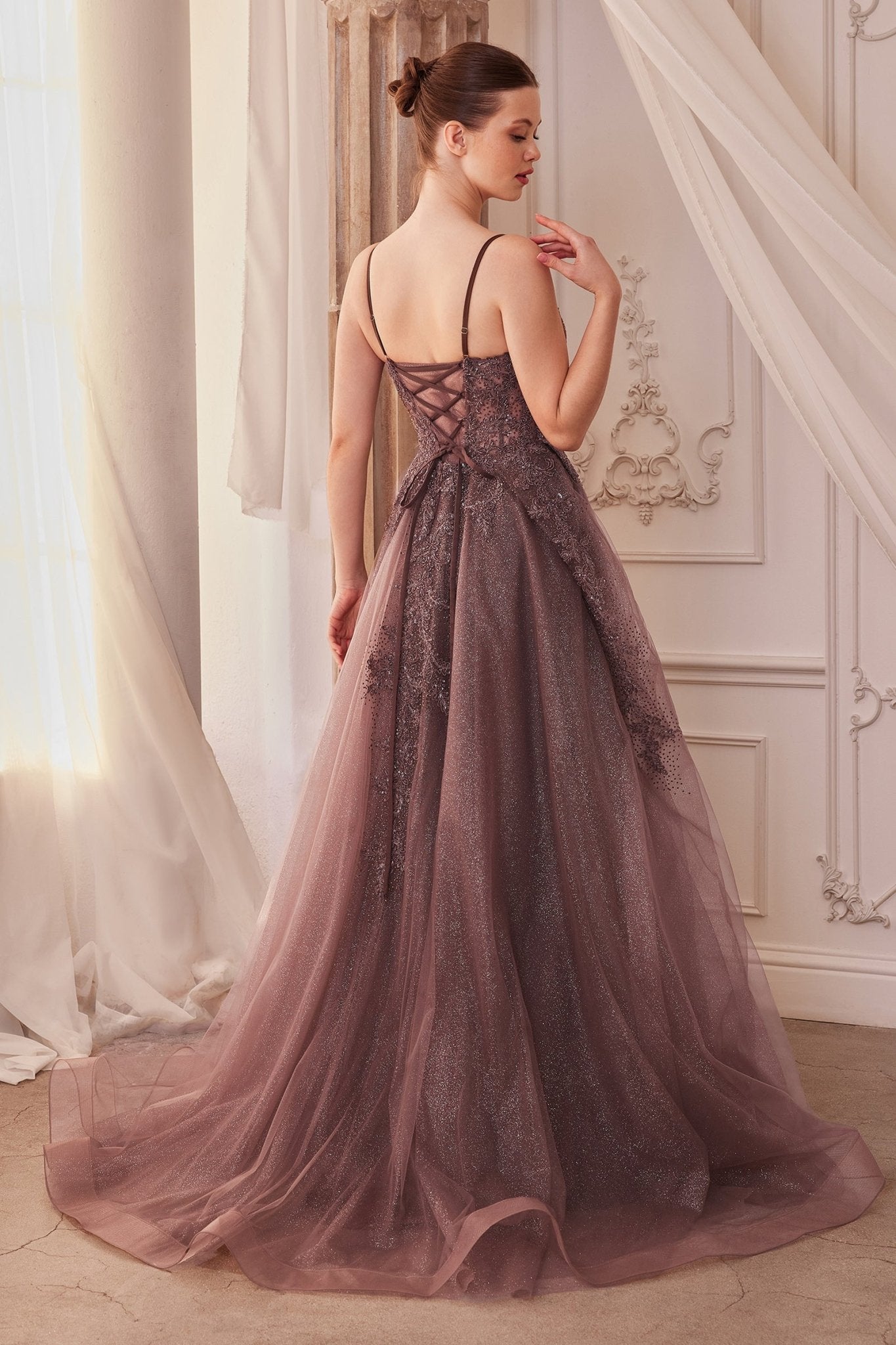 Enchanted Iridescent A-Line Plunging V-Neck Layered Glitter Tulle Gown #A1261