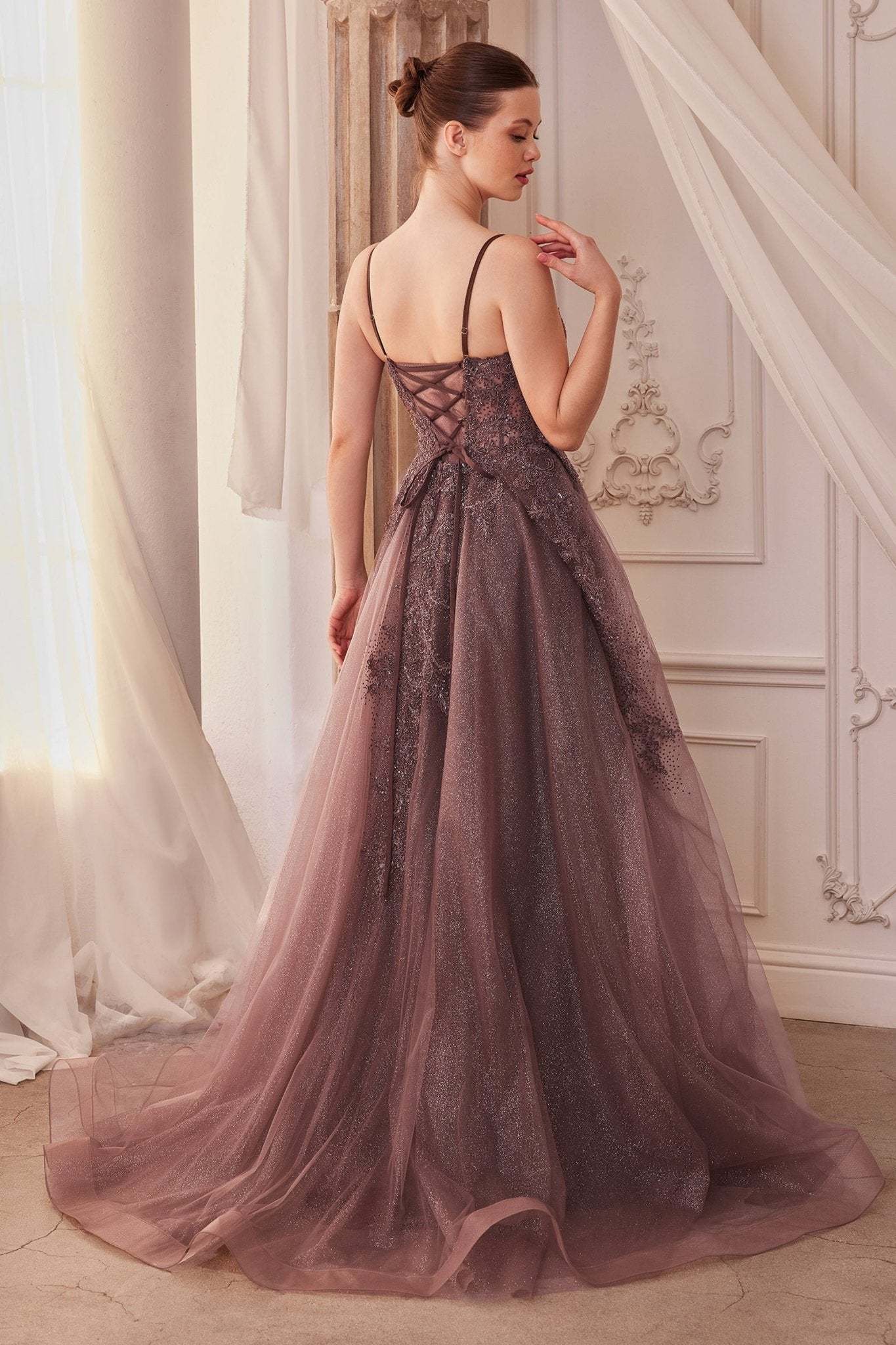 Enchanted Iridescent A-Line Plunging V-Neck Layered Glitter Tulle Gown #A1261